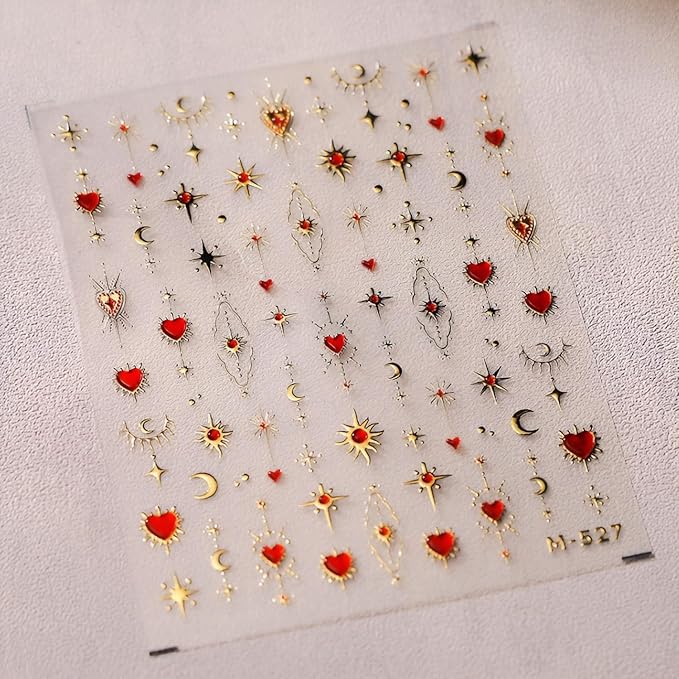 Valentines Nail Art Stickers Red Heart Nail Decals 5D Embossed Nail Supplies Gold Star Moon Nail Design for Women Holiday Nail Decorations Accessories