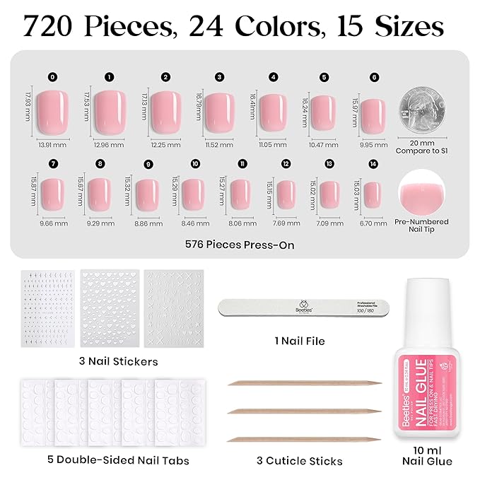 Beetles Press On Nails Kit - Creamy Drizzle | 720Pcs 24 Colors Short Square Press On Nails | 15 Sizes French Glossy Glitter Jelly With Nail Glue & Nail Tabs Stickers, Fake Nails Kit Art For Women