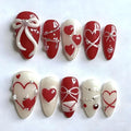 Valentines Fake Nails Medium Almond Press on Nails Red Heart False Nails 3D Bow Nails Press Ons with Pearl Design Gloss Glue on Nail White Red Stick on Nail for Women Decoration Set 24Pcs