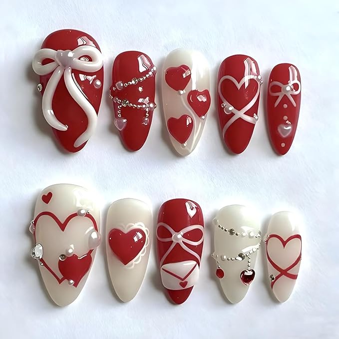 Valentines Fake Nails Medium Almond Press on Nails Red Heart False Nails 3D Bow Nails Press Ons with Pearl Design Gloss Glue on Nail White Red Stick on Nail for Women Decoration Set 24Pcs