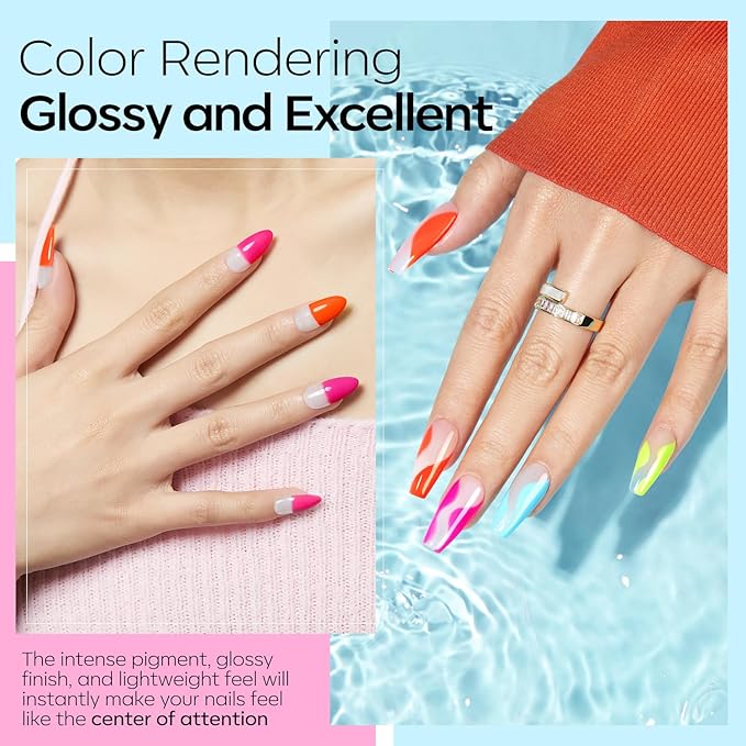 Modelones Dip Powder Nail Kit, 4 Colors Spring Summer Hot Pink Orange Yellow Blue Neon Dipping Starter Set with Liquid and Complete Accessories for French Nails Art Salon DIY at Home