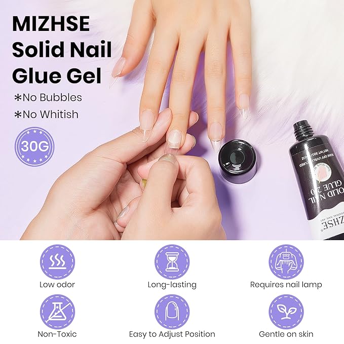 MIZHSE Solid Nail Glue, 30g Solid Nail Gel for Press on Nails, Super Strong Nail Gel Glue for Nail Tips, Acrylic Nails, Long Lasting Manicure DIY at Home, Cure Needed