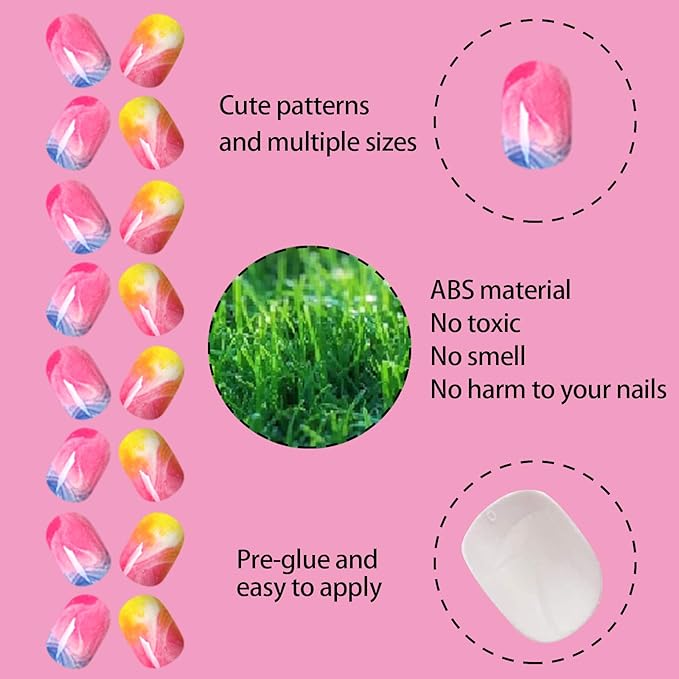 SIUSIO 120 Pcs 5 Pack Children Acrylic Fake Nails Press on Pre-glue Full Cover Glitter Gradient Color Rainbow Short Sticky Fake Nails Kids Nails Set for Little Girls - Colorful Rainbow Series