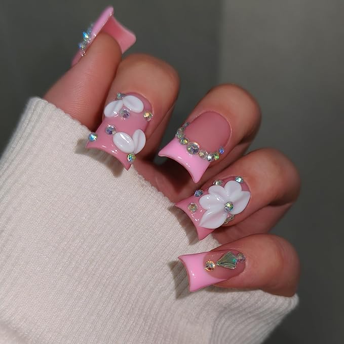 Duckbill Shape Handmade Press On Nails Kit,Pink French Floral Nails with 3D Flowers Diamond Designs,Glazed Donut Nude Pink Fake Nails with Tools,Elegant French Tip Duckbill Nails with Gems(S)