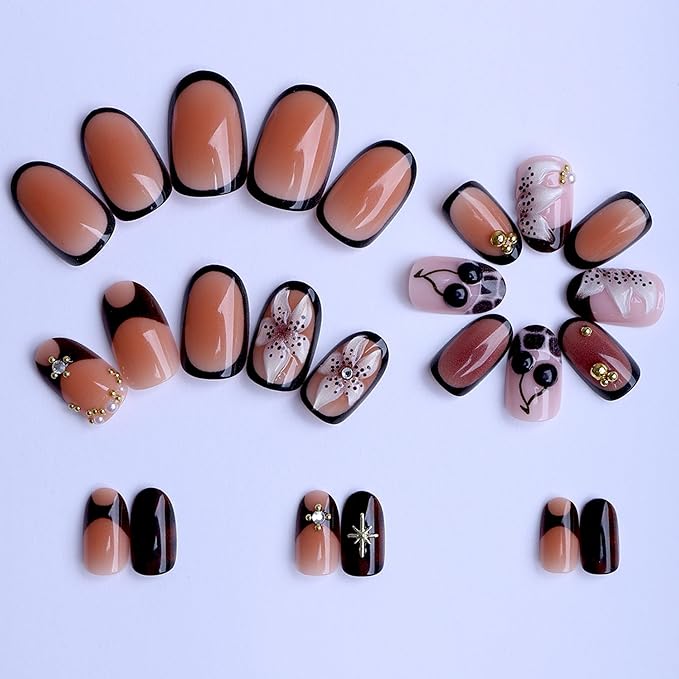 Almond Press on Nails Short Fake Nails Brown Artificial Nail Seeneey Cherry Tortoise Shell and Gold Charm Designs Flowers Stick on Nail for Women 24pcs