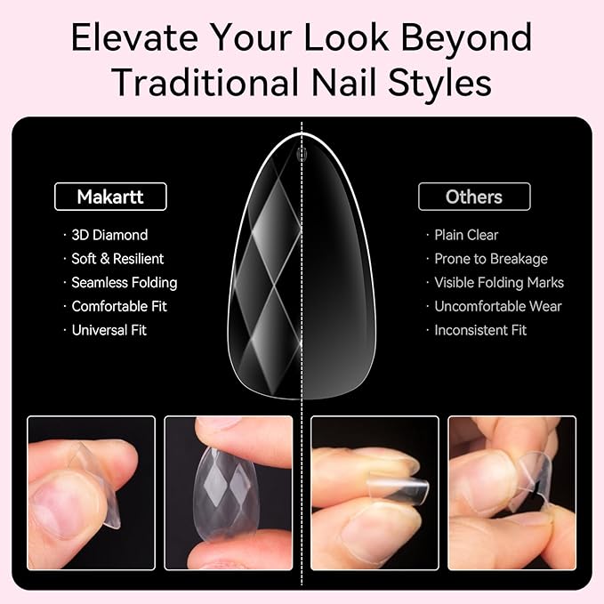 Makartt Short Almond Soft Gel Nail Tips: 120pcs 3D Diamond-Shaped Fake Nails Extension, 12 Sizes Full Cover Clear Press-On Tip, Natural Rhombus Lattice, Suit for Chrome Nail Powder