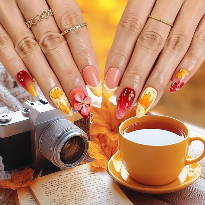 Warm Sunset Press On Nails 10pcs, Handmade Acrylic Almond Tips with 3D Hibiscus Flowers, Orange & Gold Ombre Glossy Design, Maple-Inspired Accents for Parties & Everyday Style – Appife