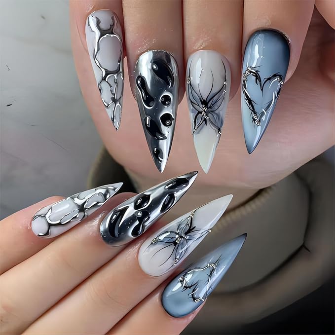 xl Almond Press on False Nails Long Tip Nails Press Ons Black Metallic Butterfly with Pearls Design Fake Nail Full Cover Gel False Nail Kit for Wemons 24pcs