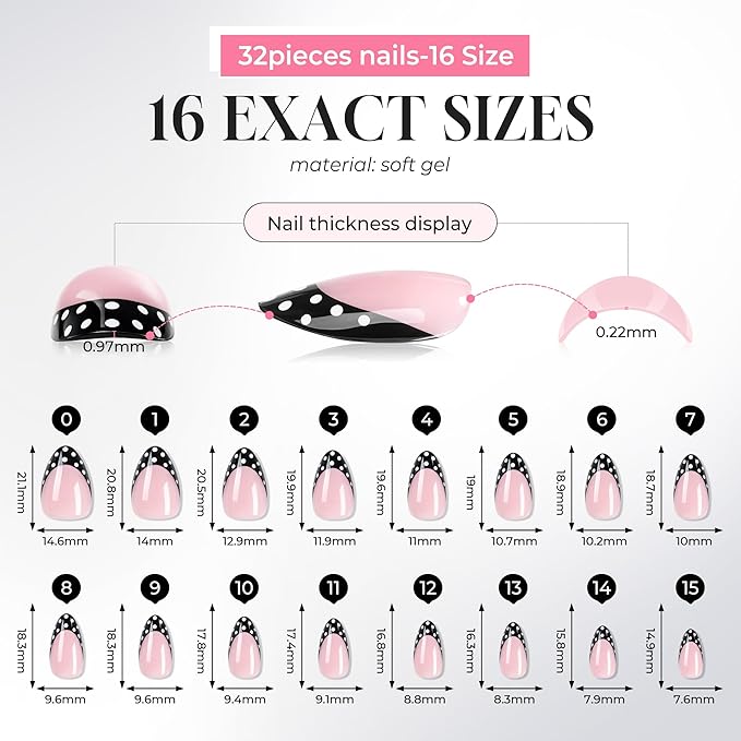 UNA GELLA 32Pcs Soft Gel Press on Nails - 16 Sizes Polka Dot French Tip Almond Glue on Nails, Reusable Nude False Nails with Black Dots, Full Cover Acrylic Nail Kit for Women DIY Home Manicure