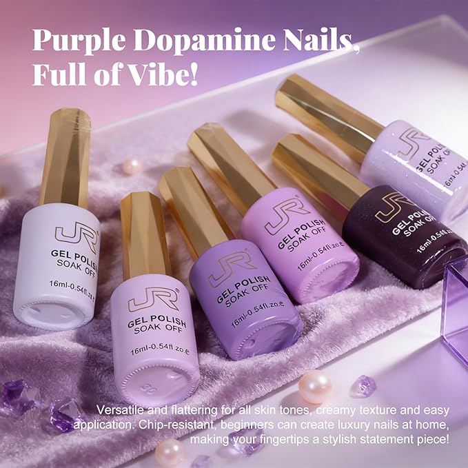 JR Purple Gel Nail Polish Set, 16ml Full Size Bottle 6 Colors Purple 9D Cateye Glitter Nail Gel Polish Gift Soak Off Led Nail Art Kit Salon DIY Colorful Bottle H Set