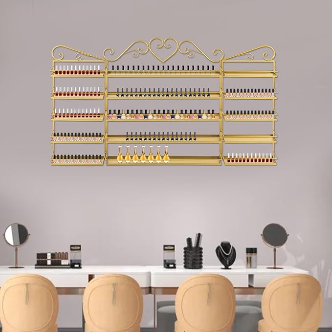 Nail Polish Rack Wall Mount, 5 Tiers Nail Polish Bottle Holder, 200 Bottles Organizer Shelf, Storage Display Holder for Home Salon Business Spa (Gold)