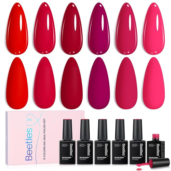 Beetles Red Gel Nail Polish Set - Crimson Horizon 6 Colors Gel Polish Kit Burgundy Bloody Red Pink Colors Soak off UV LED Lamp Needed Manicure DIY Home Gifts for Women