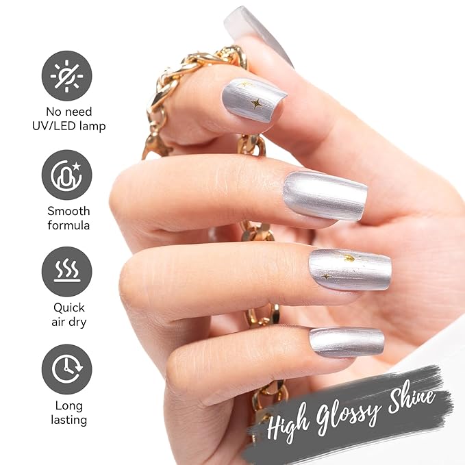 Metallic Silver Nail Polish with 3-In-1 Clear Base Top Coat Nail Strengthener Quick Dry Clear Nail Polish Duo, Opaque, Non-Gel, Vegan, Liquid Silver Glossy Chrome Nails Art