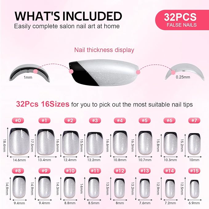 French Tip Press On Nails - Short Square Cat Eye Fake Nails with Nail Glue, Natural Fit Silver Stick On Nails in 16 Sizes - 32 Soft Gel Glue On Nails Kit, Silver