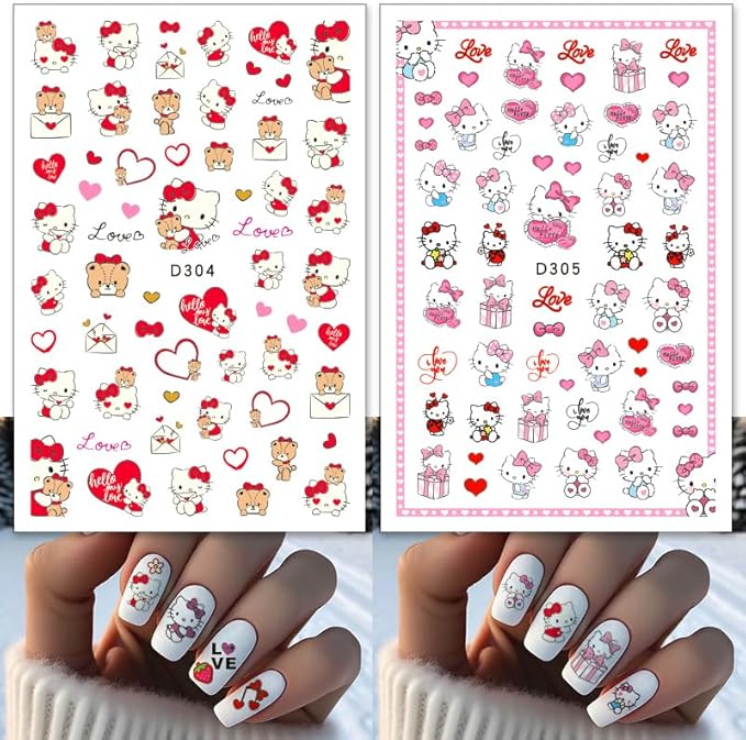 Valentines Nail Stickers Pink Cat Nail Art Stickers 3D Cat Self-Adhesive Nail Design Supply Heart Lover Romantic Cartoon Nail Decals for Women Girls DIY Manicure Decoration