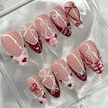 30Pcs Valentines Press on Nails Medium Almond Fake Nails French Tip Nails Press Ons Heart False Nails with Pearl Design Bow Stick on Nail Glossy Acrylic Glue on Nail Women Decoration Set