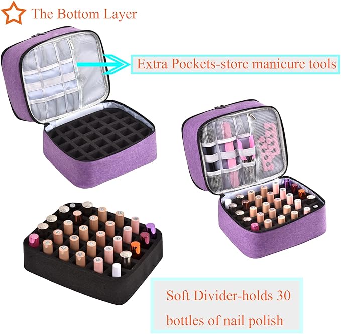Nail Polish Organizer Holds 30 Bottles (15ml) and 1 Nail Light Nail Polish Carrying Case with Storage Pockets for Manicure Tools Double Layer Nail Storage Travel Bag with Handle (A-Purple)