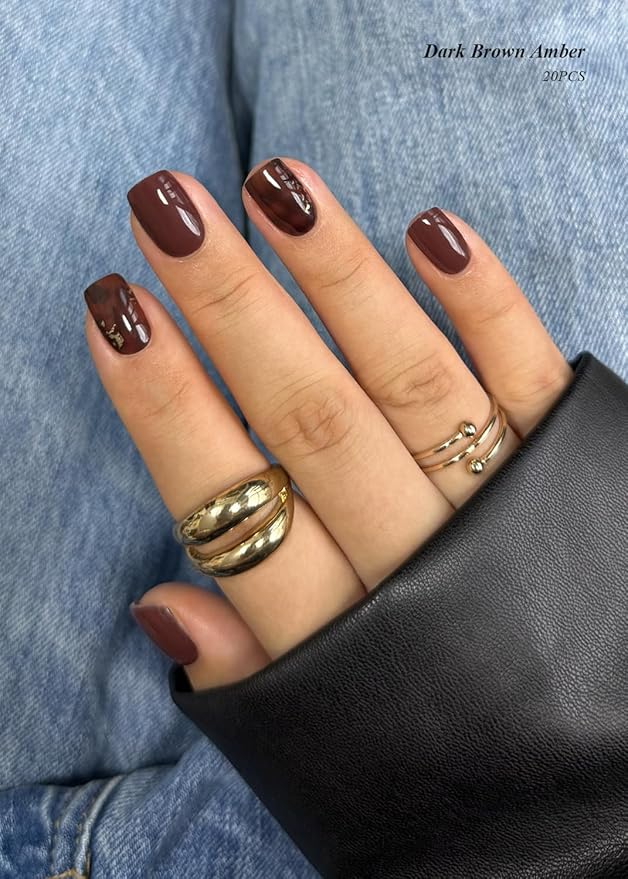 Semi Cured Gel Nail Strips (Dark Brown Amber), 20 Pcs Gel Nail Wraps, Stickers, Salon Quality, Long Lasting, Works with Any UV Lamps