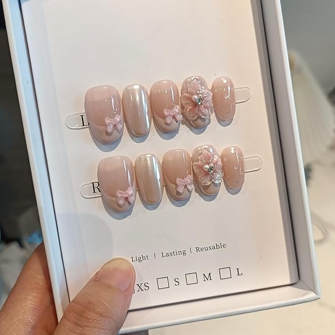 Pink French Tips Press on Nails Short Oval 10 Pcs with Tool Kit,3D Flower Fake Nails with Gel Effect,Handmade Pink Sweet Cute Nails with Bow & Dots Designs,Easy Press ons Whitening Nails(L)