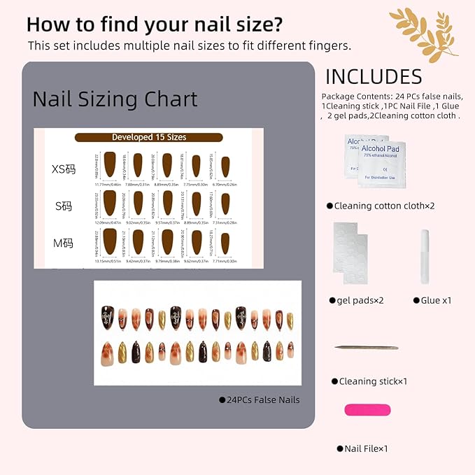 Tortoiseshell Press On Nails Long Coffin Brown Nude Glitter Rhinestone Design Fake Nails with Adhesive Tabs & Glue for Women Party Daily Wear (30pcs)