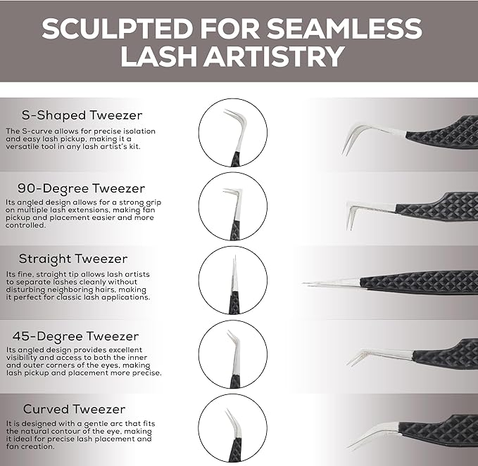 5-Piece Eyelash Extension Tweezers Set Precision Lash Tweezers with Anti-Slip Grip with fiber tip lash tweezers Tools for Lash Artists & eyelash tweezers for women (eyelash set black)