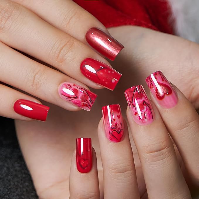 CurvLife Press On Nails Long Square Red Floral, Soft Gel Glossy Fake Nails, Reusable Durable Salon-Style Manicure for Women Teens Beginners, 30pcs, Daily Wear for Work Party
