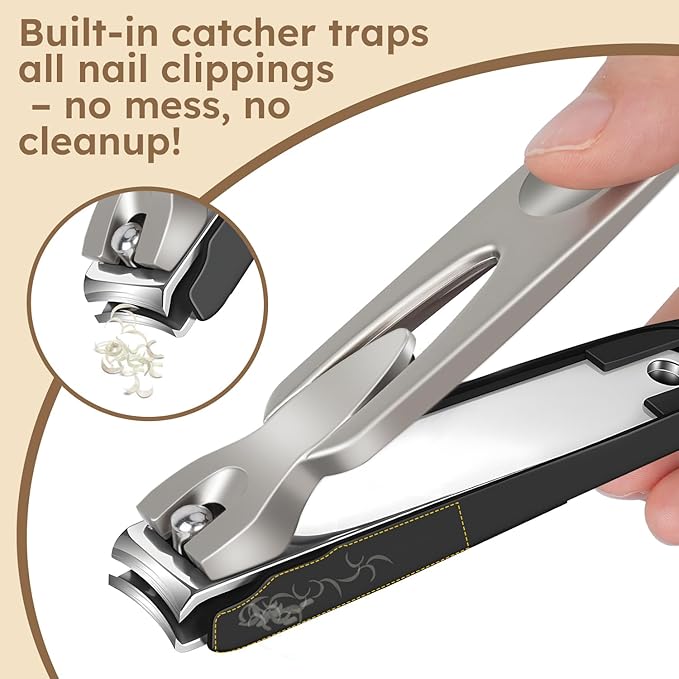Nail Clippers Set of 2, Large Heavy Duty Fingernail Clippers with Catcher Long Handle, Angled Head Toe Nail Clippers for Thick Nails for Seniors, Sharp Wide Jaw Opening Toenail Clippers for Men Women
