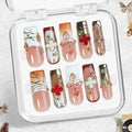 Luxury Soft Pink Press On Nails 10pcs, Handmade Acrylic Square Tips with 3D Floral Art, Gold Mirror Motif & Pearl Details, Elegant Ombre Design for Weddings, Parties & Daily Wear – Appife