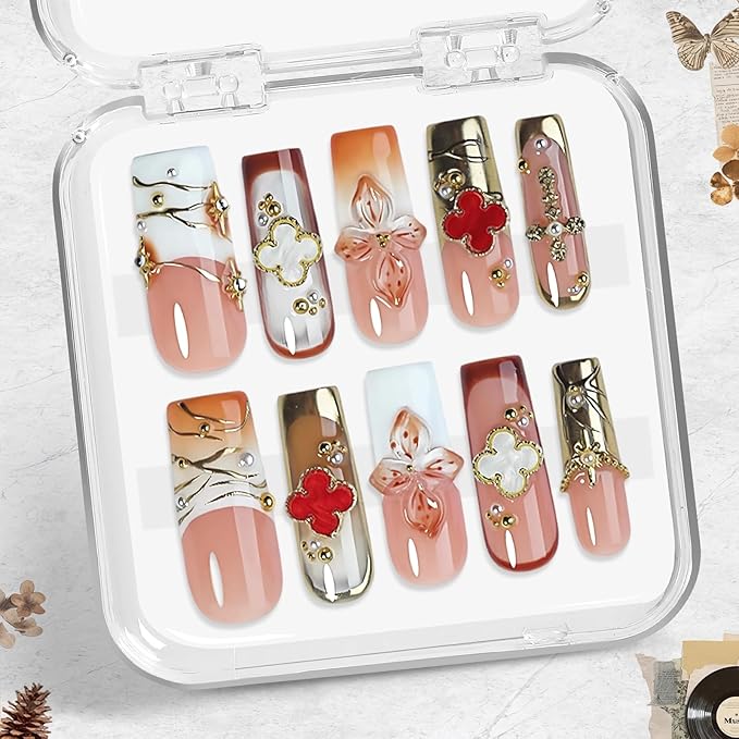 Luxury Soft Pink Press On Nails 10pcs, Handmade Acrylic Square Tips with 3D Floral Art, Gold Mirror Motif & Pearl Details, Elegant Ombre Design for Weddings, Parties & Daily Wear – Appife