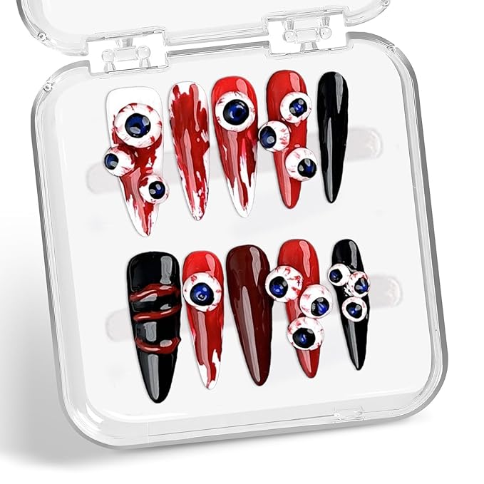 Halloween Handmade Nails Almond Long Stick on Nails Horror False Nails with 3D Bloody Eyes Designs Red Black Acrylic Nail Full Cover Thick and Muti-Layer Gel Fake Nail for Women (S)