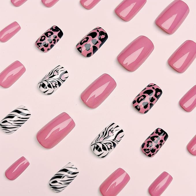 Leopard Press on Nails Medium Square Fake Nails with Designs Zebra Stripes Stick on Nail Pink Acrylic False Nail Glossy Artificial Nail Full Cover Glue on Nails for Women
