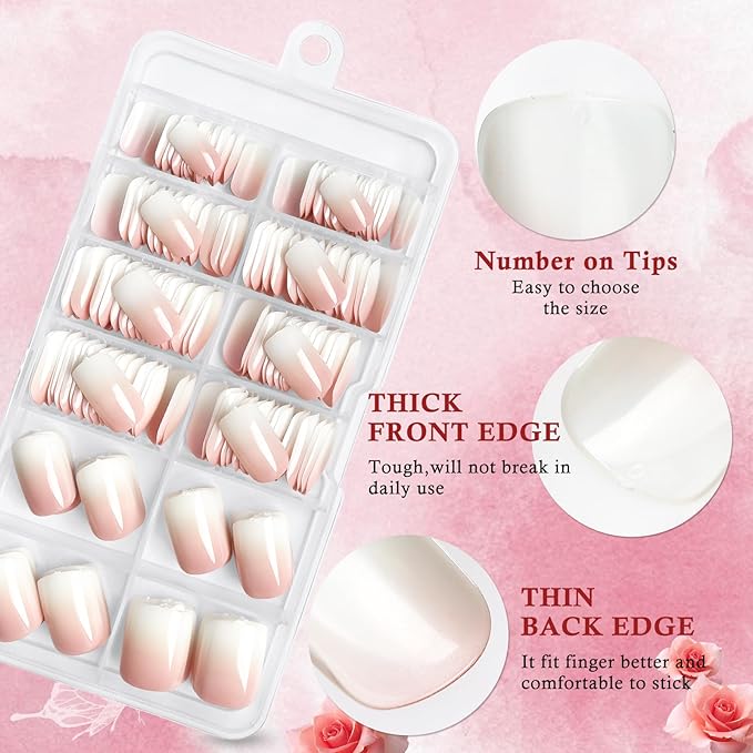 AddFavor 240pc Ombre Press on Nails Short Square Fake Nails - Glue on Nails Square Acrylic Nails Press ons Nail Tips Short Stick on Nails with Nail Glue and Adhesive Tabs for Women