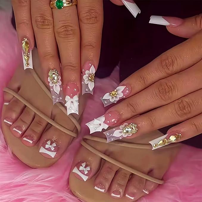 48Pcs Square Press on Nails Medium & Press on Toenails Set, French Tip Fake Nails with White Bow Flowers Designs Short Press on Toe Nails Full Cover Glue on Nails for Women Manicure Kit