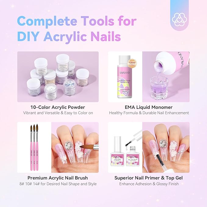 Saviland Acrylic Nail Kit with Everything: 10 Colors Acrylic Powder Clear Liquid Monomer 48W Nail Lamp 20000RPM Nail Drill Complete Tools Home Manicurist Nail Extensions