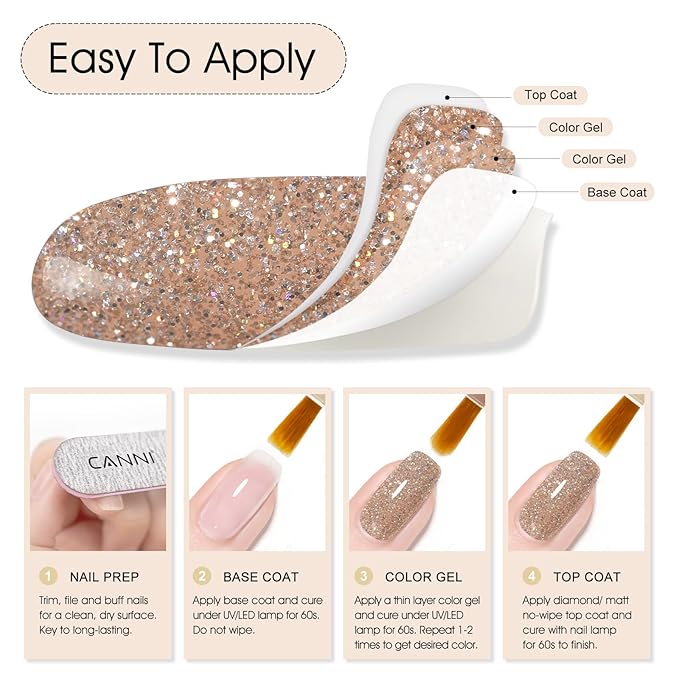 CANNI Gel Polish Glitter Gel Nail Polish Set, 8 Colors Champagne Silver Rose Gold Pink Black Shiny Glitter Gel U V LED Soak Off Manicure Kit Gift for Women Girls