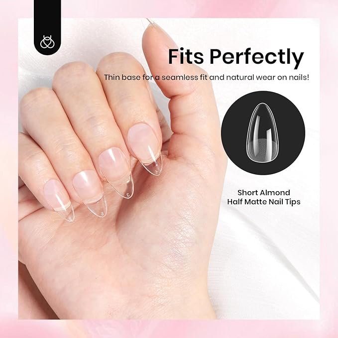 Beetles Gel Nail Tips Almond,288 pcs 12 Sizes Short Almond False Nail Tips Half Matte Full Cover Acrylic Gel Nail Tips Press On Nail Extensions for Women
