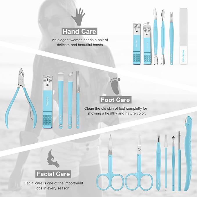 Manicure Set Professional Pedicure Kit Nail Clippers Kit - 18 pcs Nail Care Tools - Grooming Kit with Luxurious Upgraded Travel Case (Blue)