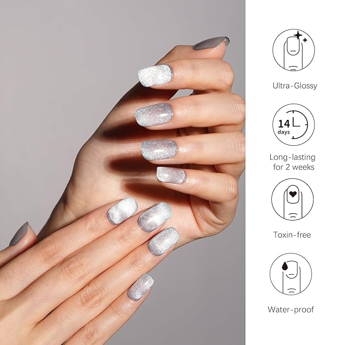 DANNI & TONI Semi Cured Gel Nail Strips Soft Blue Ombre (Ocean Crystal) Cat Eye Gel Nail Wraps 28 Stickers