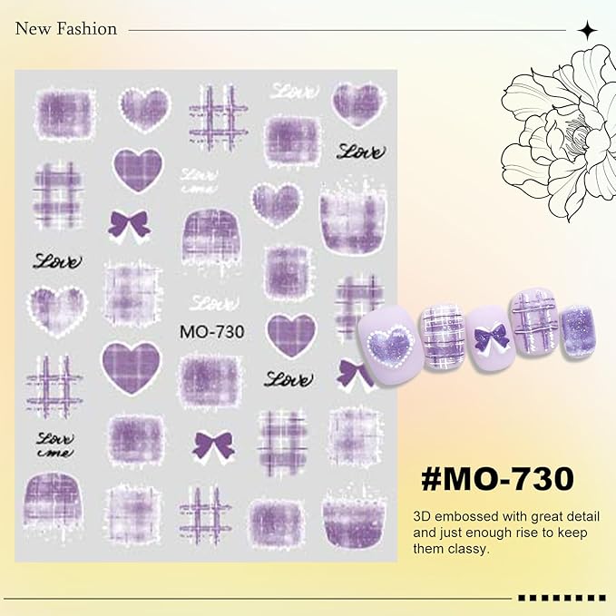 6 Sheets Bow Nail Stickers for Nail Art Red Pink Purple Blue Brown Bow Heart Designs 5D Embossed Self Adhesive Nail Decals for Women DIY Manicure Decoration YX1239