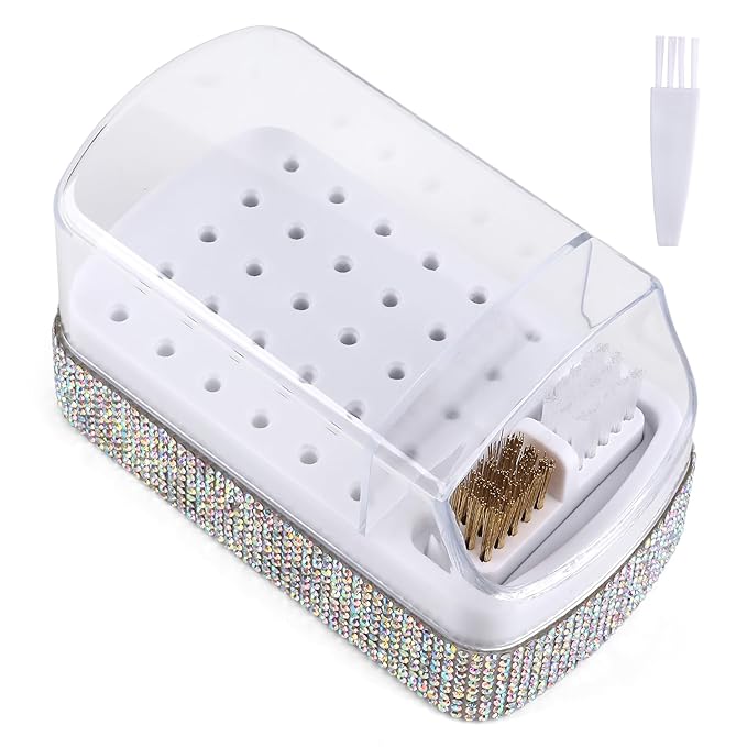 2 in 1 Nail Drill Bits Holder & Cleaning Brush Case,30 Holes Dustproof Nail Art Drill Bits Stand Display Storage Box and Nail Drill Bits Cleaner Manicure Tools Shiny (Multicolor)