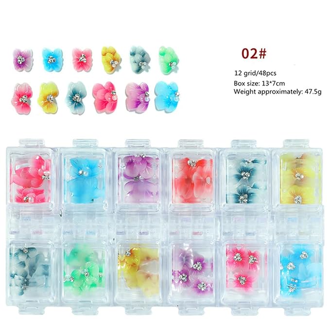 48 Pcs/box Nail Art Flowers Decorations Nail Charms 3d Butterfly 5d Embossed Flower Decor for Nail Gradient Ripple Butterfly Petal Nail Rhinestone Diamond Diy Nail Jewelry Charms Accessories Supplies