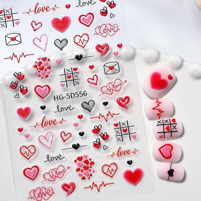2Sheets 5D Valentines Nail Art Stickers Embossed Love Letter Rose Flower Design Cute Nail Decals Romantic Heart Nail Stickers Self Adhesive Wedding Nail Art Supplies Accessories for Women Manicure