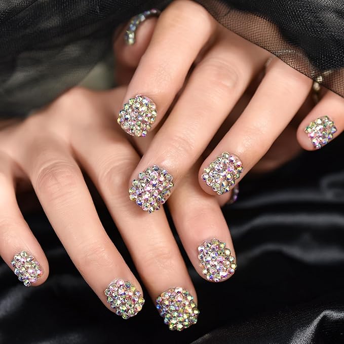 24pcs Handmade 3D Rhinestones Press On Nails Square Short Nails Women Girls Gifts Salon Manicure Shiny Crystal Nail Art Tips Fake Nails Reusable Acrylic False Nails