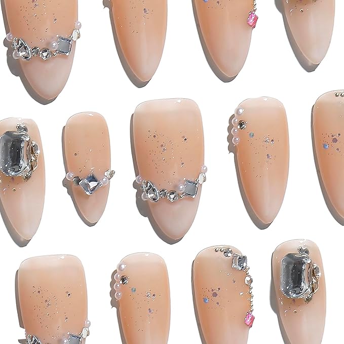 Sun&Beam Nails Handmade Press-on Medium Amlond Nude Beige Rhinestone 3D Ombre Design Fashion False Nail Tips 10 Pcs Set (#176 M)