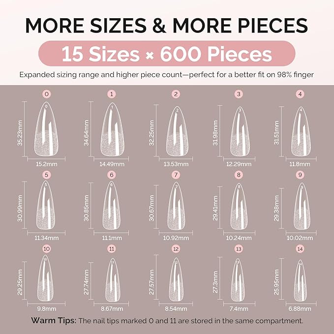 MelodySusie Long Almond Stiletto X Nail Tips - 600Pcs 15 Sizes Clear Acrylic, Half Matte Full Cover Press on Nails for DIY Extension & Salon Use, Pre-Shaped for Long-Lasting Manicure