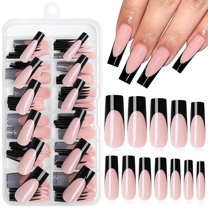 120PC Black French Tip Press on Nails Long Fake Nails Press ons with 5*Adhesive Tabs, Pink Square Acrylic Nail Press on Nail French Tip Nails False Artificial Fingernails Stick on Nails-C