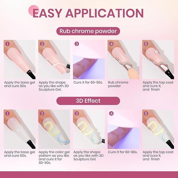 MIZHSE 3D Gel Nail Art, 2 Pcs 15g Sculpting Gel Glue for Molding, Drawing, Charms & Gems, Chrome Powder, Rhinestone Design, Clear and Milky White No Wipe Nail Polish for DIY Nail Art