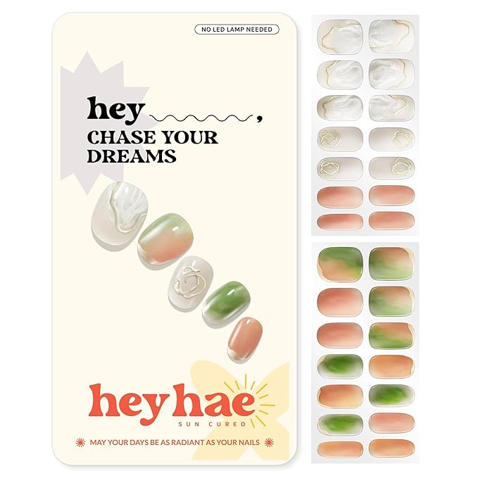 Heyhae Semi Cured Gel Nail Strips | No LED Lamp Needed | Marble, Glitter, Spring | Easy Apply & Remove, Salon Quality |Includes 28 Strips, 1 Prep Pads, Nail File & Wooden stick- Hey, Chase Your Dreams
