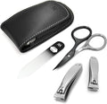 GERMANIKURE 4pc Manicure Set - Handmade in Solingen Germany, FINOX High Carbon Stainless Steel: Nail Clippers, SELF Sharpening Combination Scissors, Czech Glass Nail File in Leather Case