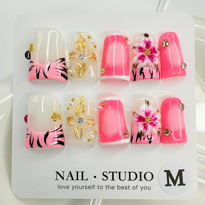 Handmade Press on Nails Short Duck Press on Nails with 3D Pearl and French Designs Stick on Nails Gradient Flower Acrylic Nails for Women Art Manicure (Size S）